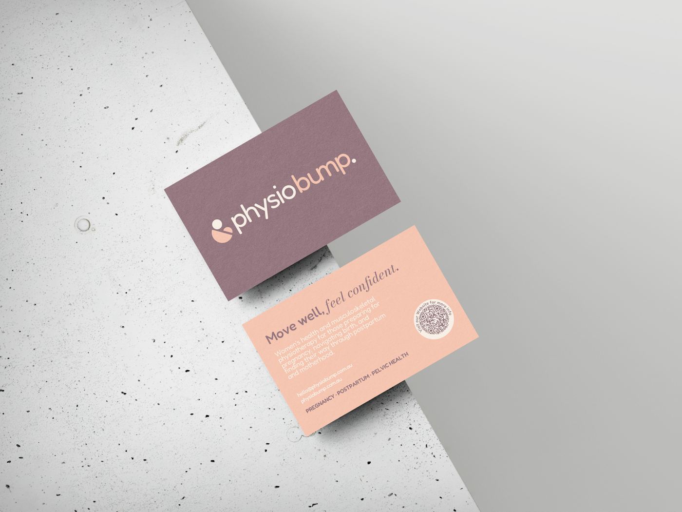 Physio Bump business cards, front and back